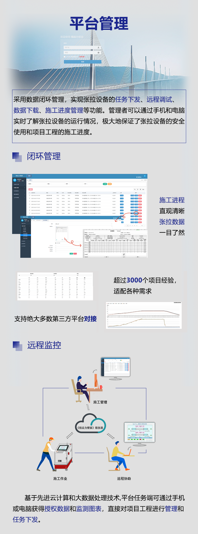 专属数据平台,数据一键下载,参数远程下发,可远程控制张拉设备;
数据可通过4G网络自动上传到数据库,可远程查看。
可第三方数据对接